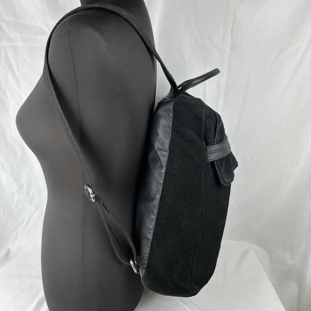 Asos Womens Backpack Bag‎ Purse with Flap Black Suede Leather Mix Minimalist